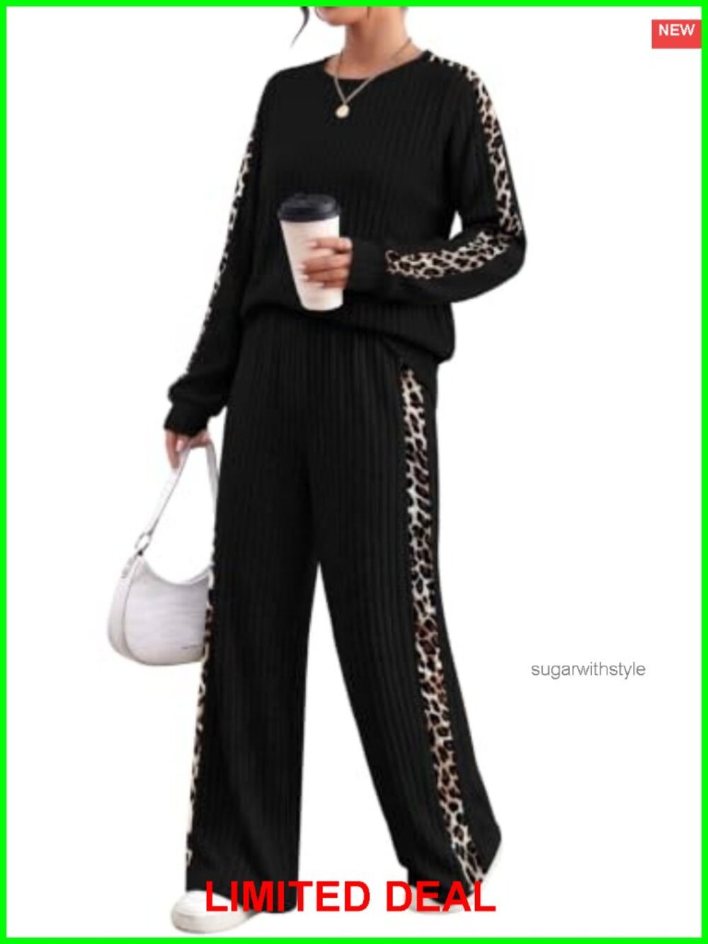 Two Piece Lounge Set Long Sleeve Top Wide Leg Ribbed Knit Pants Set